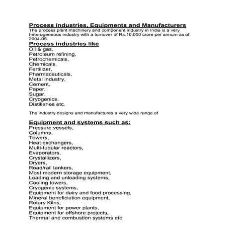 Process industries equipment and manufacturers in india | DOCX