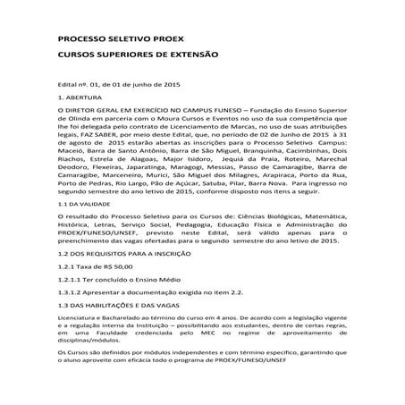 Processo seletivo proex atualizado com as cidades