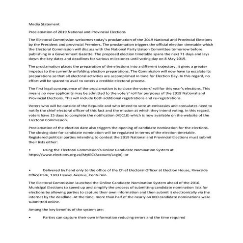 Proclamation of 2019 National and Provincial Elections