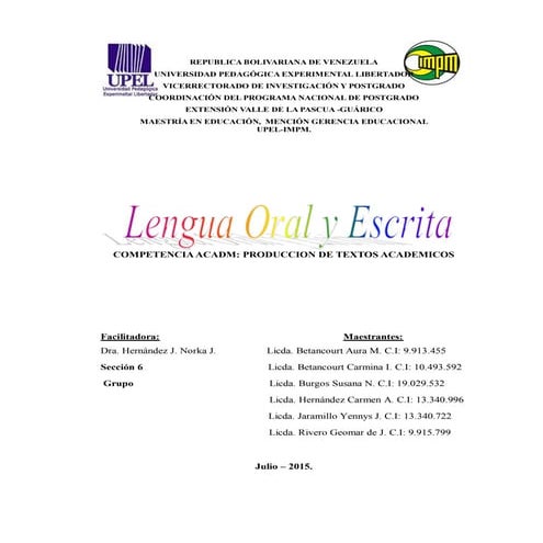 LENGUA ORAL Y ESCRITA (INFORME PROD. TEXTOS ACADM)