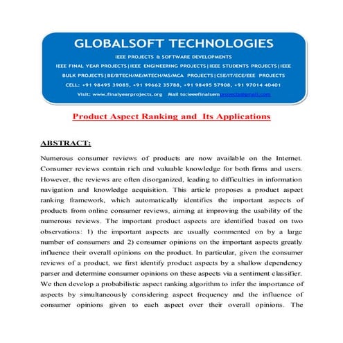 IEEE 2014 DOTNET DATA MINING PROJECTS Product aspect-ranking-and--its-applica...