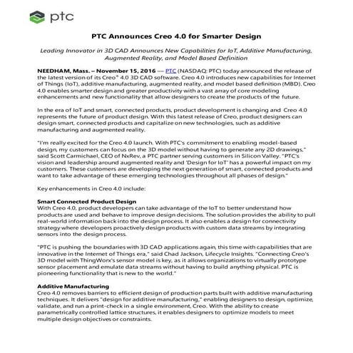 PTC Announces Creo 4.0 for Smarter Design