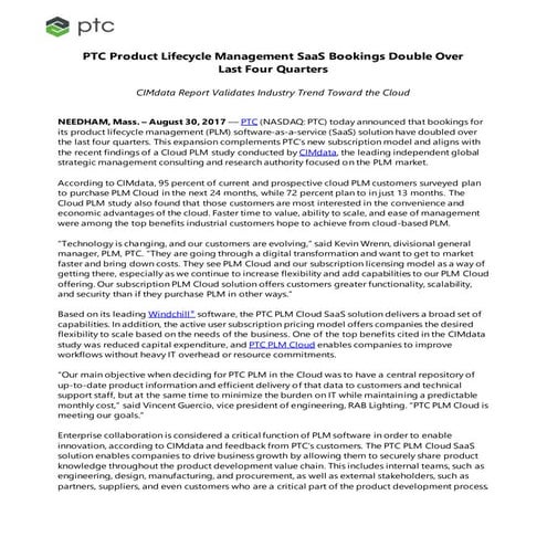 PTC Product Lifecycle Management SaaS Bookings Double Over Last Four Quarters