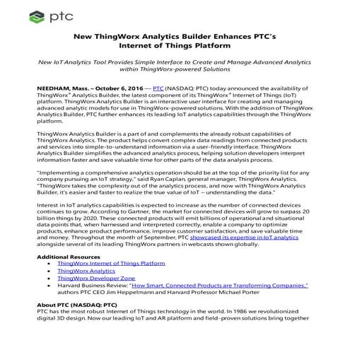 New ThingWorx Analytics Builder Enhances PTC’s  Internet of Things Platform