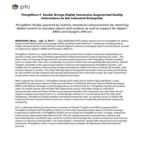 ThingWorx® Studio Brings Highly Immersive Augmented Reality Interactions to t...