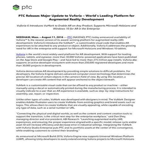 PTC Releases Major Update to Vuforia – World’s Leading Platform for Augmented...