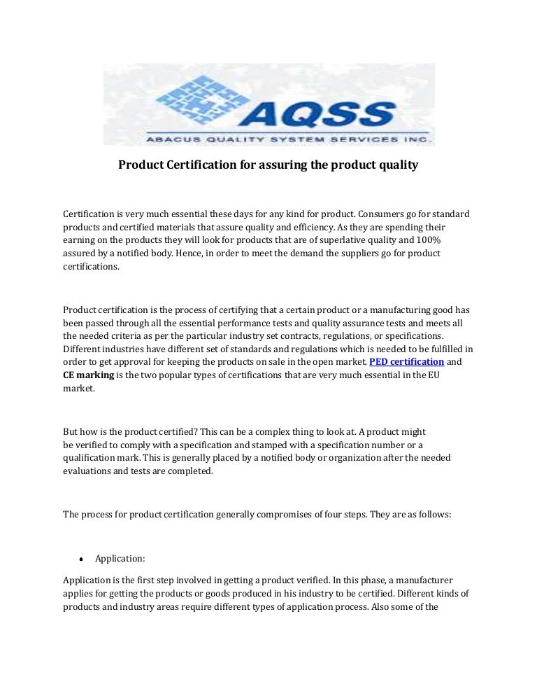 Product certification for assuring the product quality