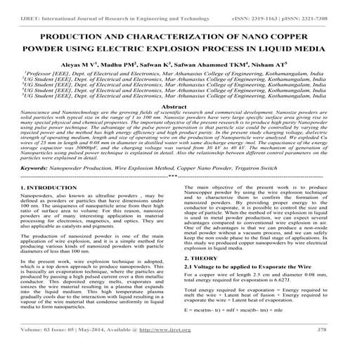 Production and characterization of nano copper powder using electric explosio...