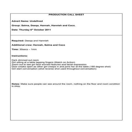 Production call sheet