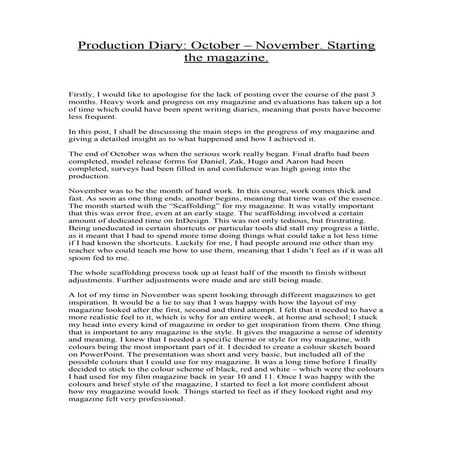 Production diary for october and november