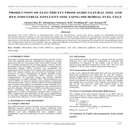 Production of electricity from agricultural soil and dye industrial effluent ...