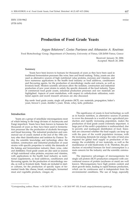 Production of food grade yeasts