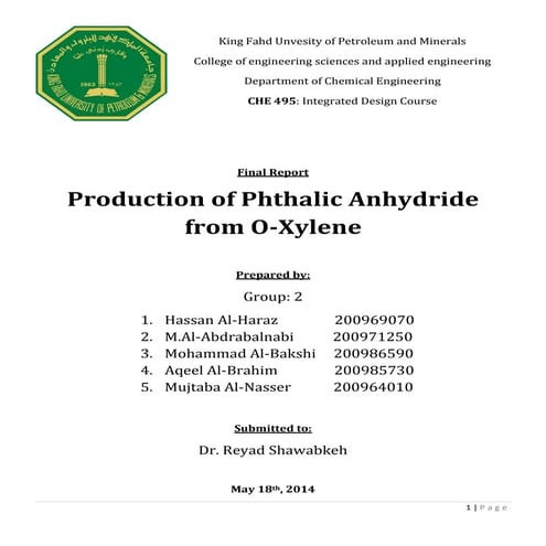 Production of phthalic anhydride from xylene
