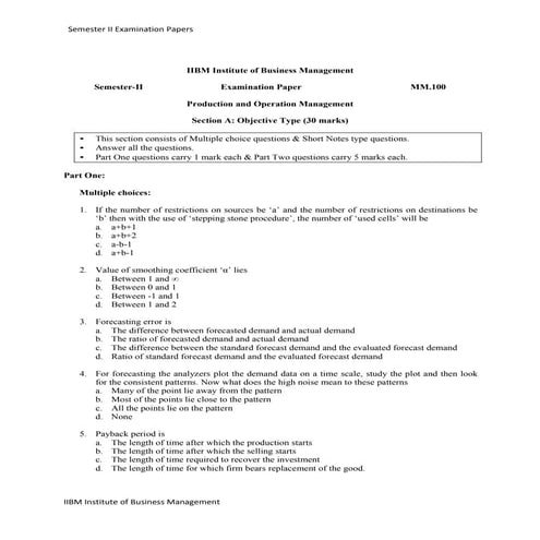 Examination paper of production & operation management | PDF