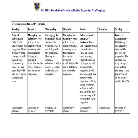 KINGS Production plan