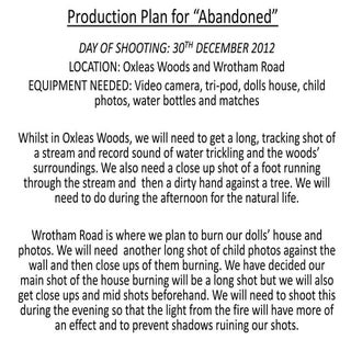 Production Plan for "Abandoned"