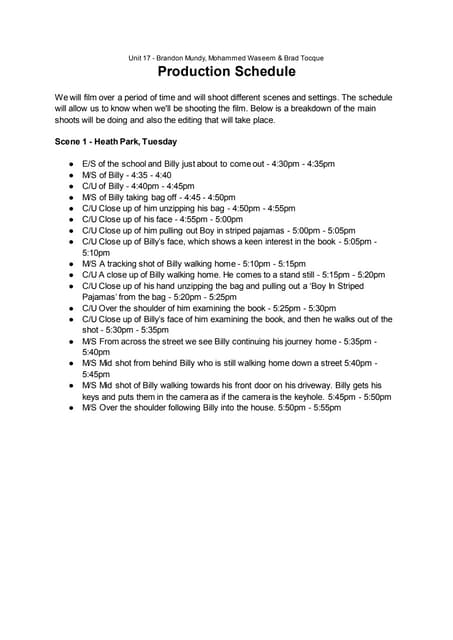 Production schedule