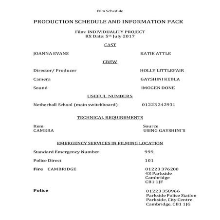 Production schedule and information pack