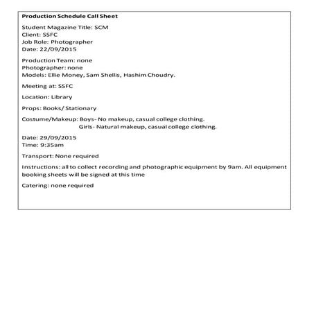 Production schedule call sheet