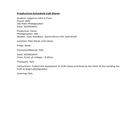 Production schedule call sheet