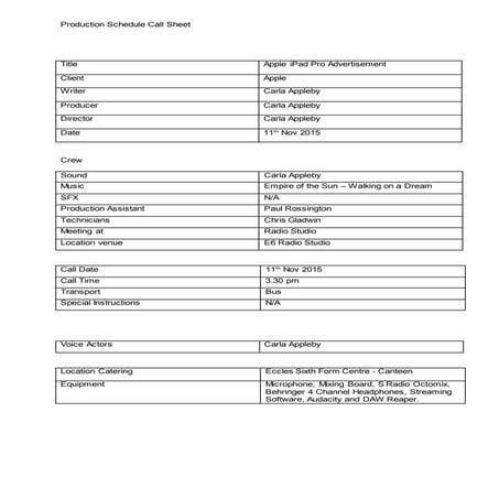 Production Sheet