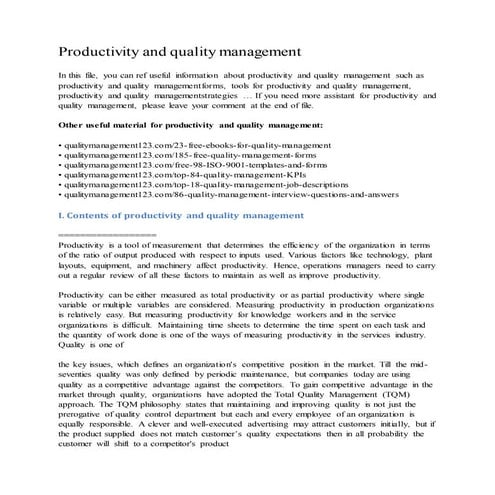 Productivity and quality management