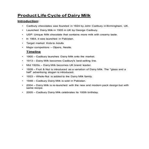 Product life cycle of dairy milk