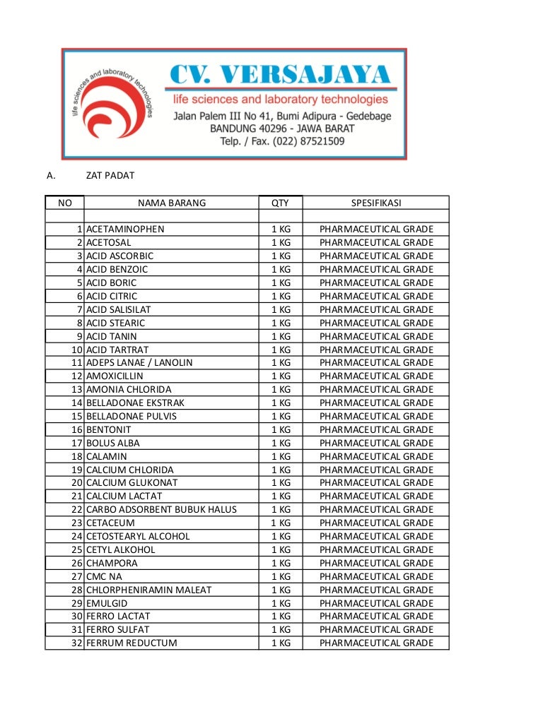 Product list raw material Versajaya