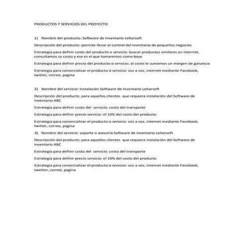 Productos y servicios del proyecto