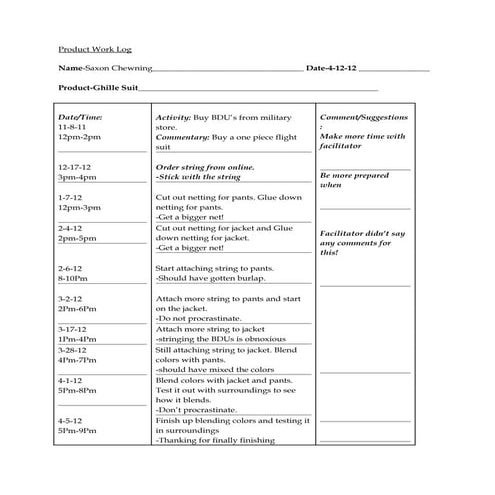 Product work log template word | PDF