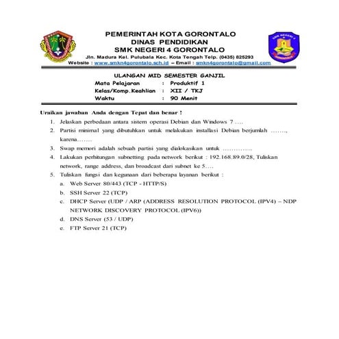 Soal Ujian Mid Semester Ganjil - Produktif 1 TKJ kelas XII TKJ