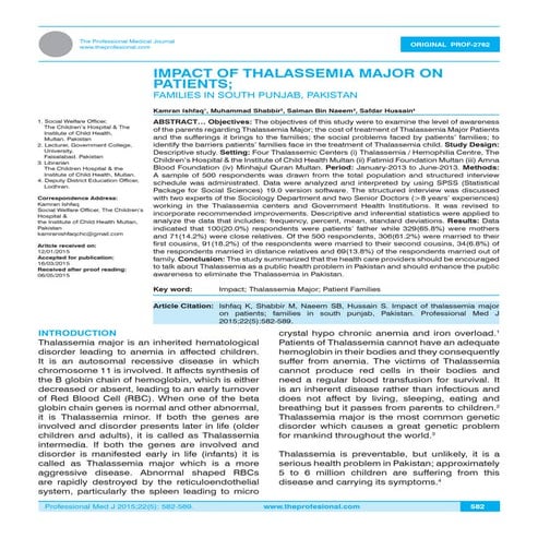 Impact of thalassemia major on patients' families in south punjab, pakistan
