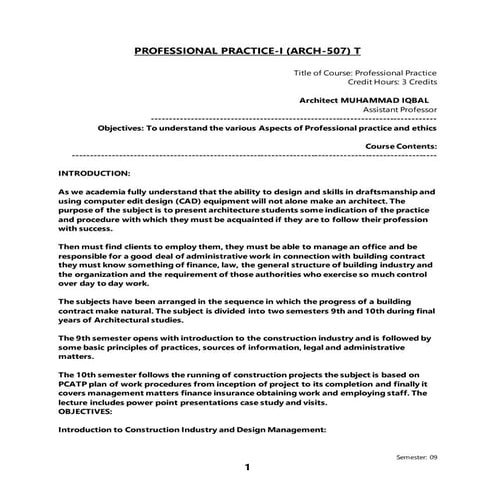 Professional practice (course outline 9th semester)