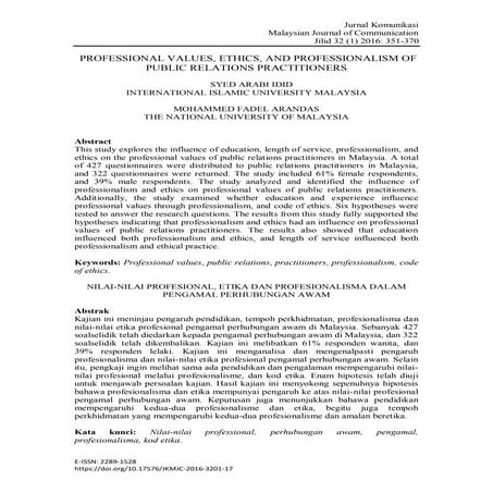 Professional Values, Ethics, and Professionalism of Public Relations ...
