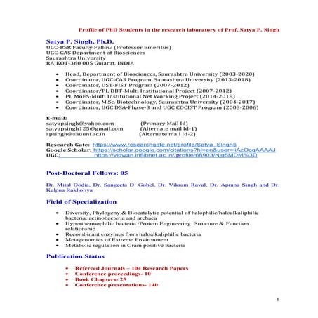 Profile of ph d students in the lab of prof. satya p. singh | PDF