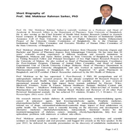 Short Biography of Prof. Md. Moklesur Rahman Sarker, PhD