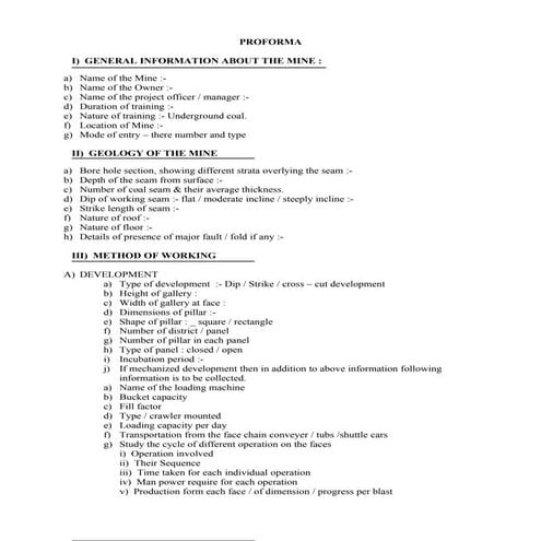 Proforma for collection of data during training