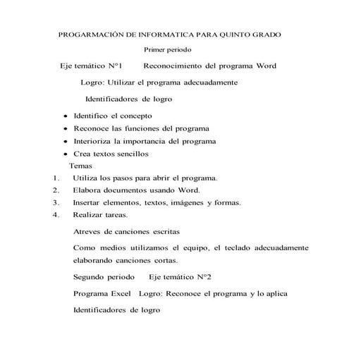 Progarmación de informatica para quinto grado