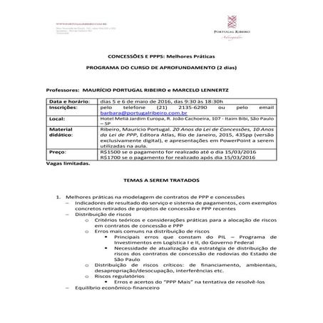 Curso Melhores Práticas em Concessões e PPPs - maio de 2016