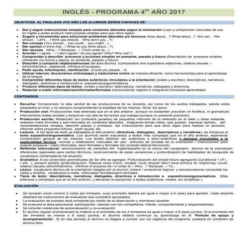  ET 25 Programa INGLÉS 4to  año 2017 