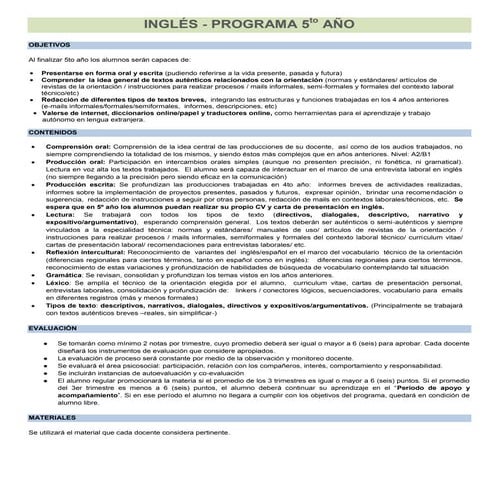 ET25 Programa INGLÉS 5to año 2017