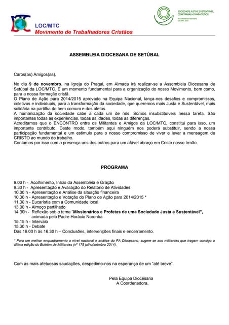 LOC/MTC - Programa da Assembleia Diocesana de Setúbal