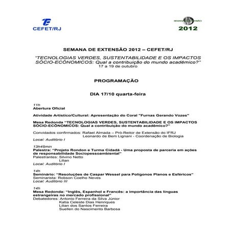 Programação semana de extensão 2012 folia