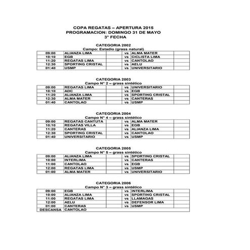 Programación 3era Fecha Copa Regatas