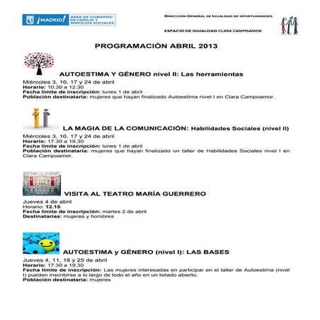 Programación Abril Espacio de Igualdad Clara Campoamor
