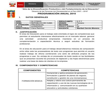 Programación anual DE EDUCACIÓN PARA EL TRABAJO 2015 (3ro) E.B.A.