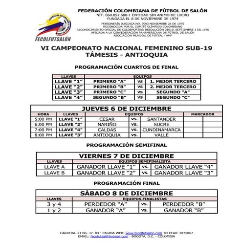Programación cuartos de final vi campeonato nacional femenino sub 19