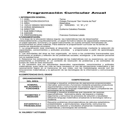 Programación curricular anual de matematica 2011