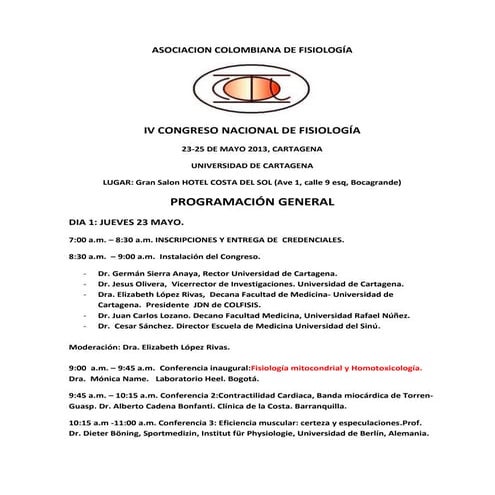 Programacion  iv congreso- asociacion colombiana de fisiologia- mayo 19- 2013