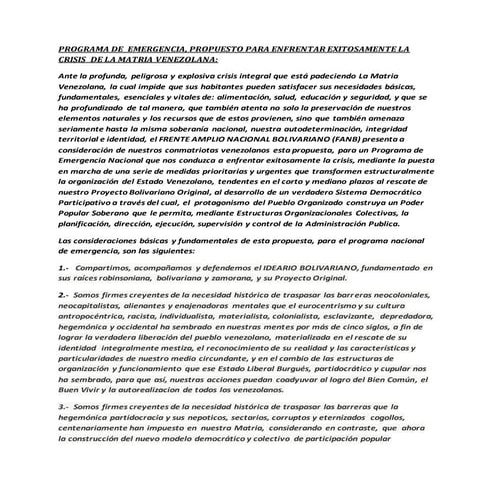 PROPUESTA DE UN PROGRAMA DE EMERGENCIA PARA VENEZUELA